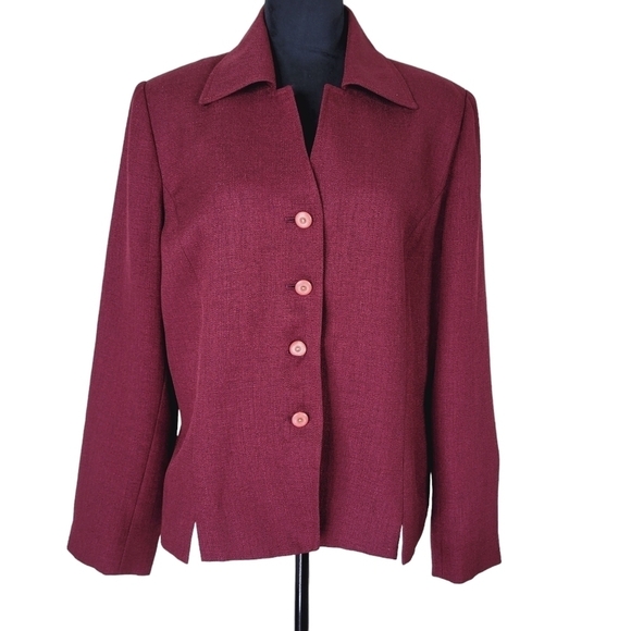 Kasper ASL Blazer Size 14 Textured Padded Shoulders Front Slits Red Wine Color - Picture 10 of 10
